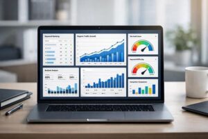 SEO dashboard showing keyword research and website analytics as part of online marketing strategies for small businesses.